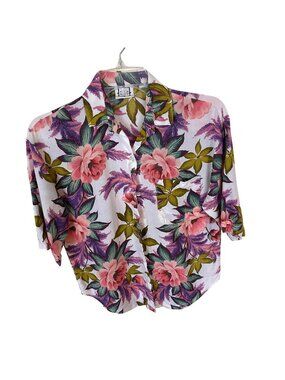 Mixed Blues Womens Shirt Floral Button Up Size 5 Hawaiian Rayon USA Pink